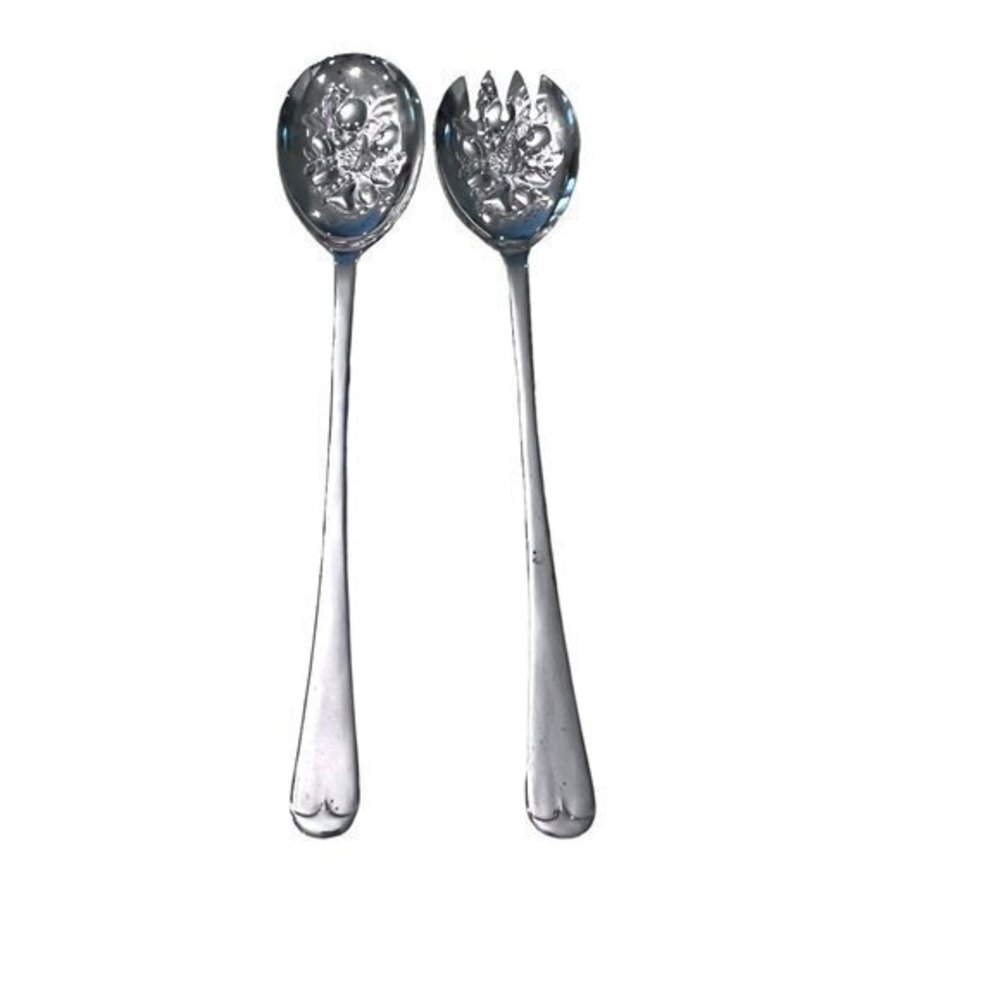 Vintage Sheffield England Embossed Silver Plate Salad Serving Fork & Spoon 9.5"